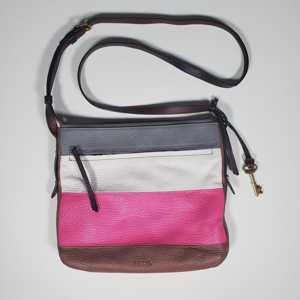 Fossil Women's Crossbody Bag Medium Leather Reversible Striped Brown Purse